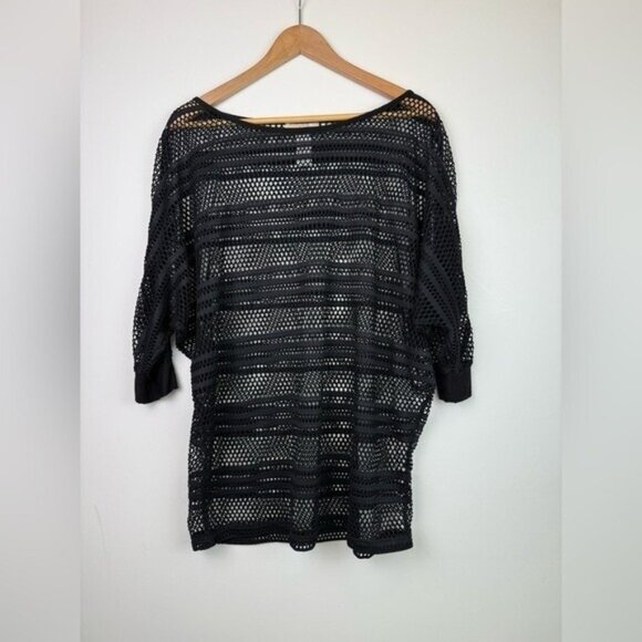 LA BLANCA Crochet Swimsuit Coverup Top Black 3/4 Sleeve Summer Vacation Sz Small - Picture 1 of 9